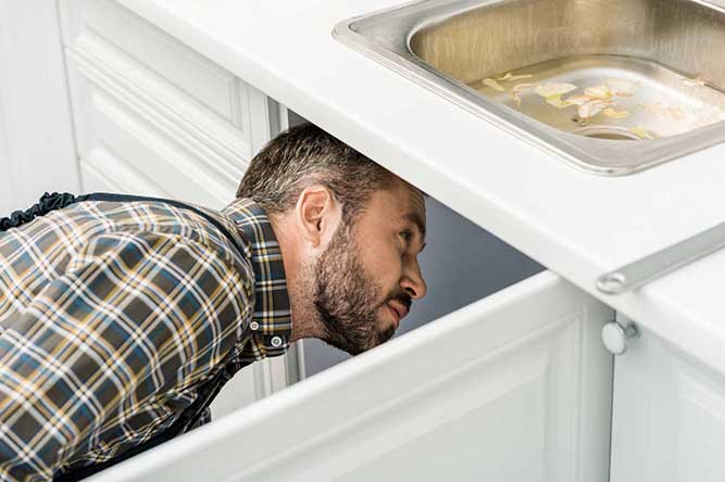 A person looking under a sink.