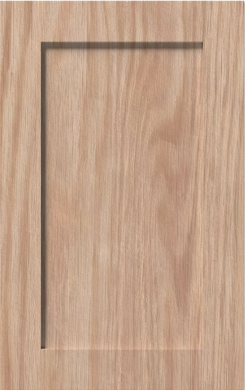Red Oak Unfinished Shaker Cabinet Door Red Oak unfinished Shaker cabinet door featuring warm reddish undertones and a prominent natural grain pattern for custom kitchen and bathroom cabinetry.