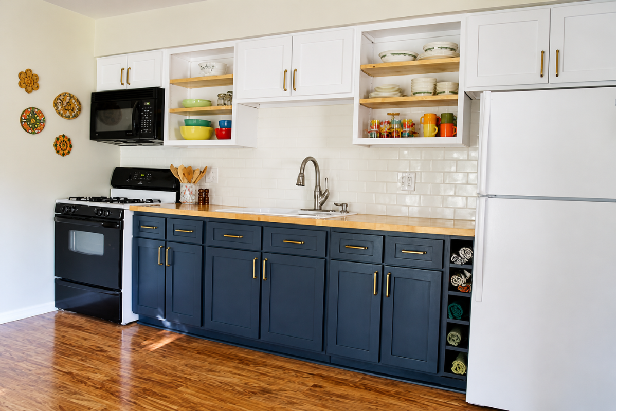 Modern kitchen featuring shaker-style replacement cabinet doors in navy blue and white, with brass hardware, butcher block countertops, and open shelving