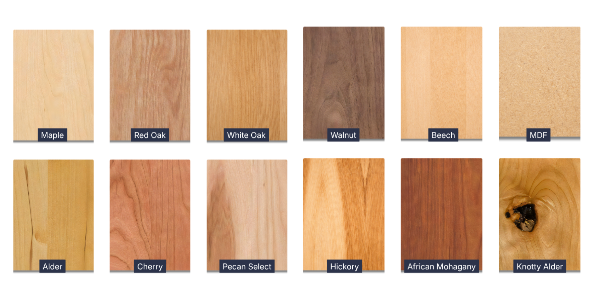 Wood species options for custom replacement cabinet doors, including maple, oak, cherry, alder, pecan, walnut, and paint-grade materials.
