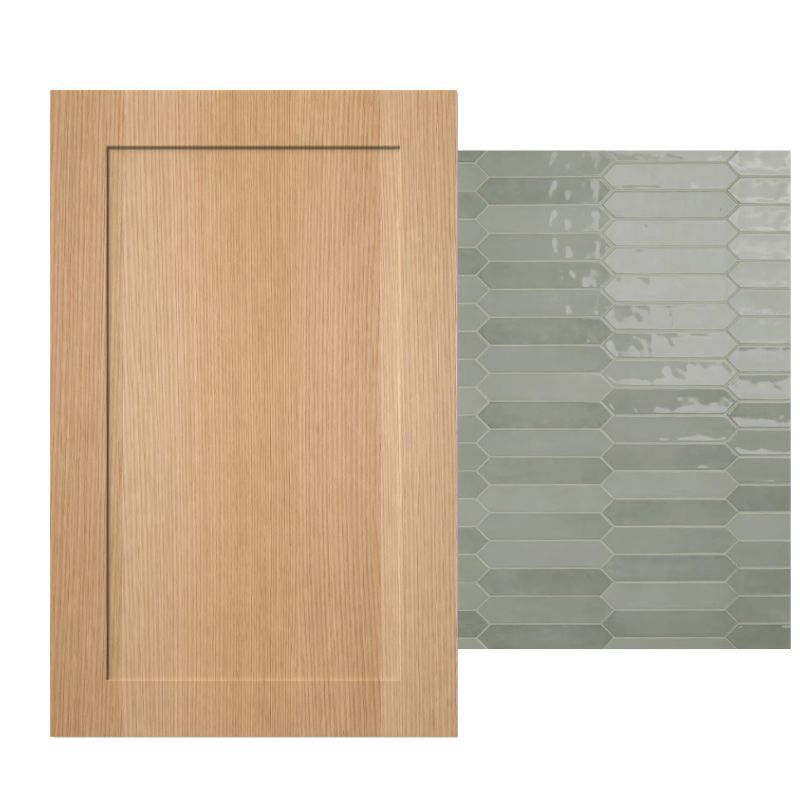 A rift white oak shaker cabinet door paired with a sage green tile backsplash, showcasing a modern organic kitchen design with natural texture and soft color.
