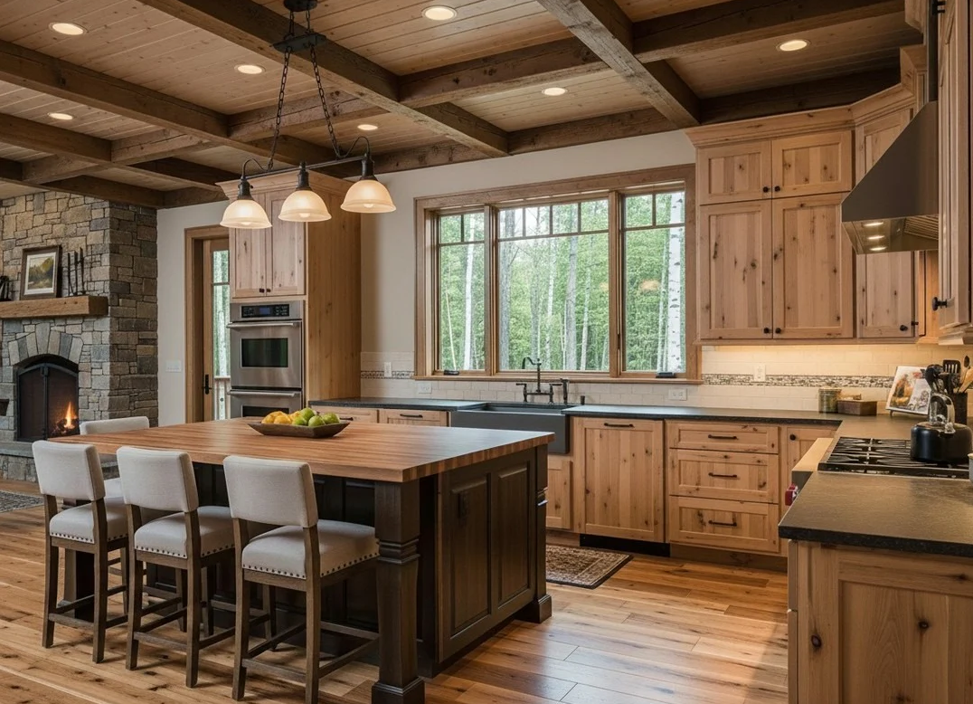 Rustic Hickory Kitchen Cabinets in a Mountain Lodge Kitchen Rustic hickory kitchen cabinets in a mountain lodge kitchen with exposed wood beams, a large island, stone fireplace, and natural wood finishes.