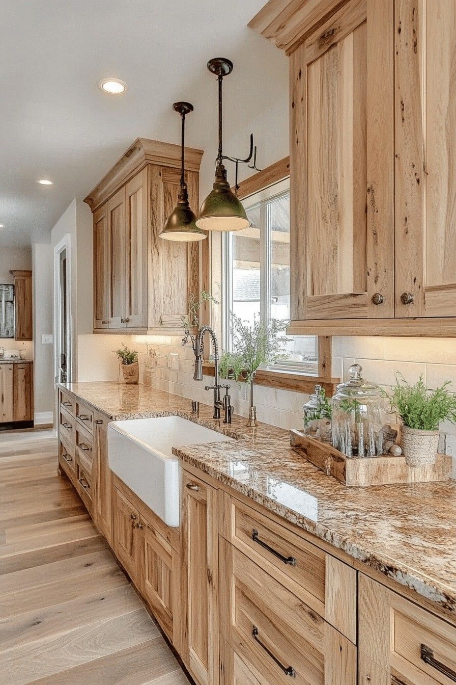 Rustic Hickory Kitchen Cabinets with Granite Countertops Rustic hickory kitchen cabinets with granite countertops, a farmhouse sink, pendant lighting, and natural wood flooring.
