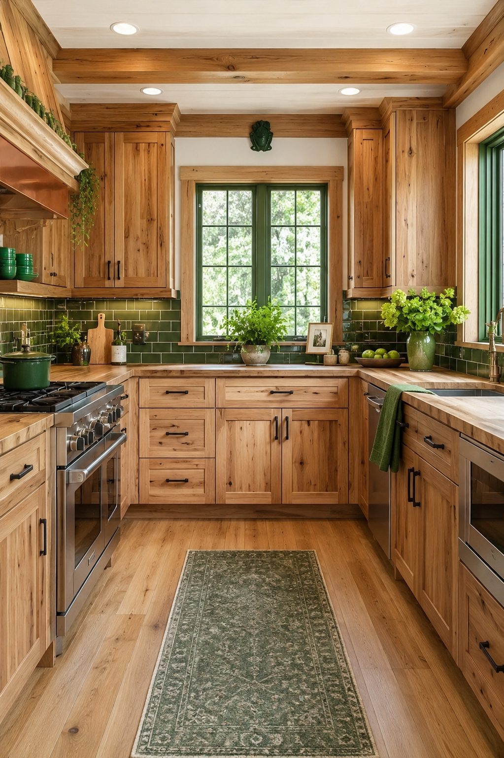 Hickory Kitchen Cabinets with Green Tile Backsplash and Natural Wood Design Realistic hickory kitchen featuring natural wood cabinets with visible grain and knots, deep green subway tile backsplash, butcher block countertops, black hardware, stainless steel appliances, and large windows bringing in natural light.