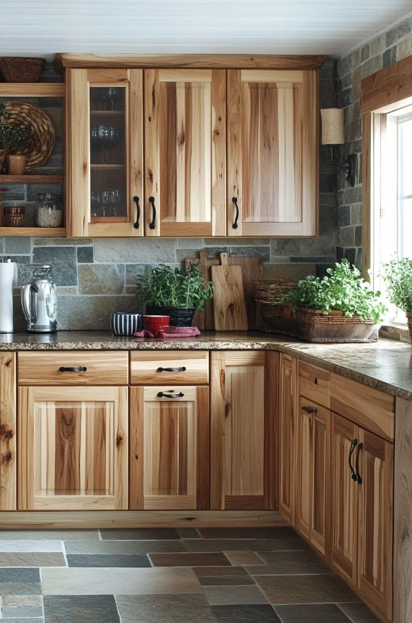 Rustic Hickory Kitchen Cabinets with Natural Stone Backsplash Rustic hickory kitchen cabinets with natural grain variation, a stone backsplash, black hardware, and open wood shelving.