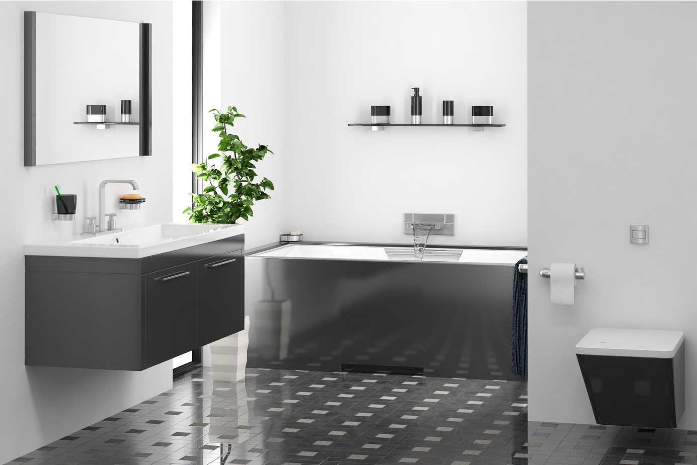 A black and white modern bathroom with slab cabinets.