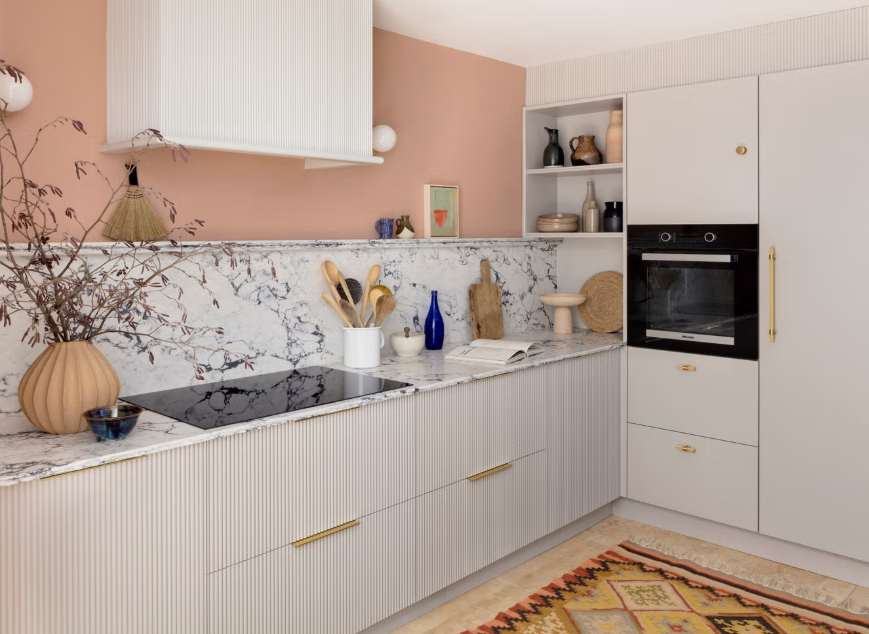 beige fluted cabinet doors in modern kitchen design