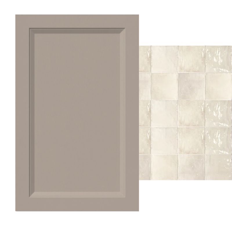shaker bevel cabinet door in warm taupe finish paired with zellige tile backsplash