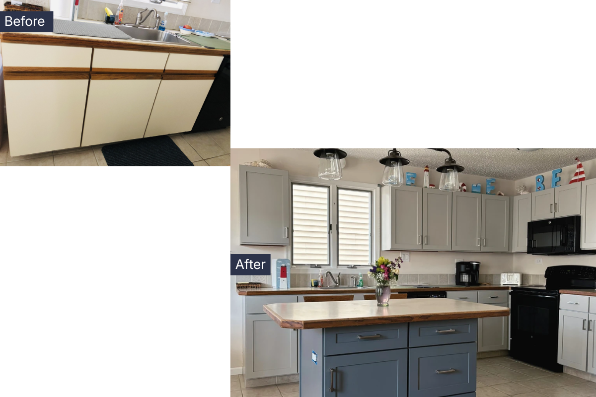 Shaker Cabinet Door Replacement in Mindful Gray Beach Kitchen Remodel Before and after kitchen with shaker replacement cabinet doors in Mindful Gray and dark gray island