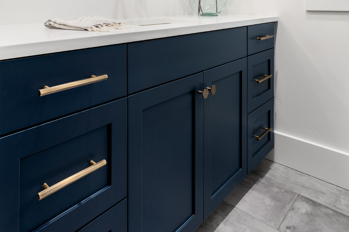 Navy thermofoil shaker cabinet doors with smooth uniform finish and clean edges