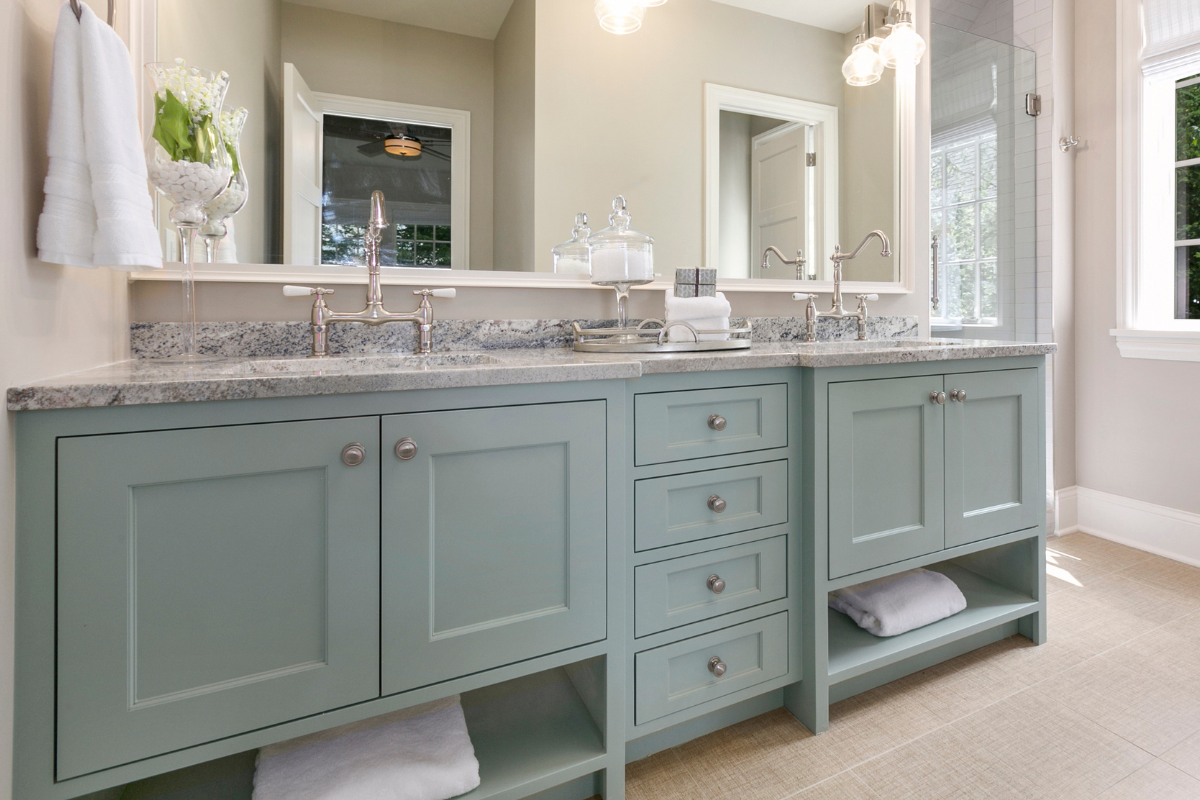 Wide shaker cabinet doors with thick rails and stiles in a painted vanity design