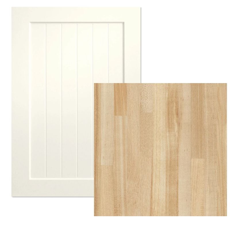 shaker elite cabinet door with vertical panel detail paired with butcher block countertop