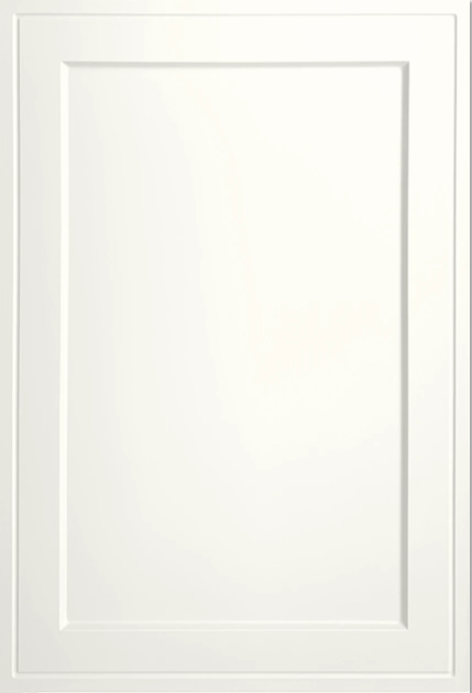 A shaker inset cabinet door in a soft white finish, featuring a recessed panel and clean, tailored lines for a timeless and high-end kitchen design.