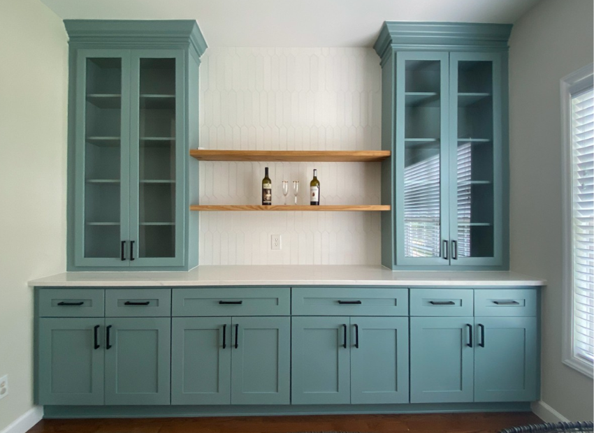 Soft Blue Shaker Cabinets with Glass Doors