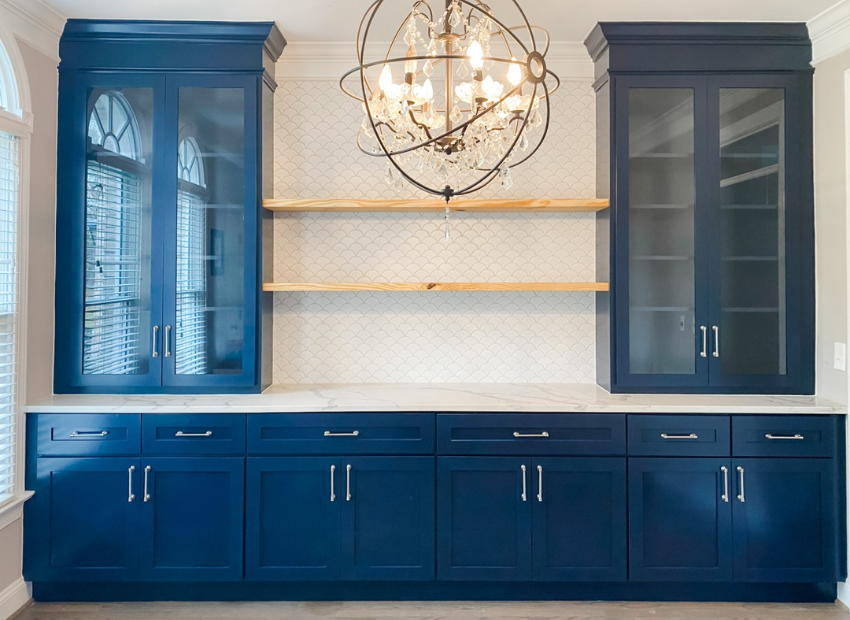 blue shaker kitchen cabinet ideas with glass upper cabinets and custom shaker cabinet doors