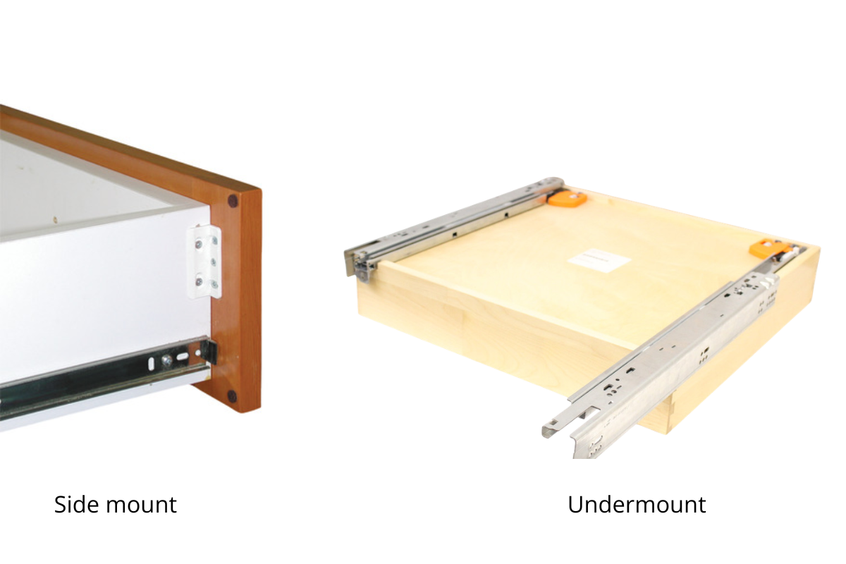 side mount vs undermount drawer slides comparison showing installation and drawer box hardware differences