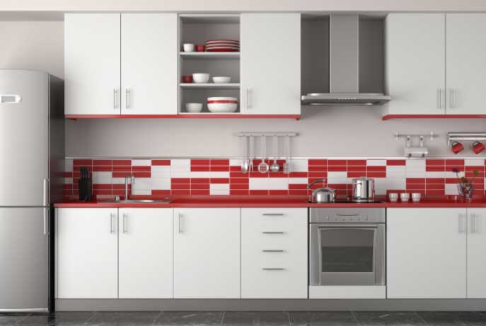 A modern kitchen with full overlay thermofoil cabinets.