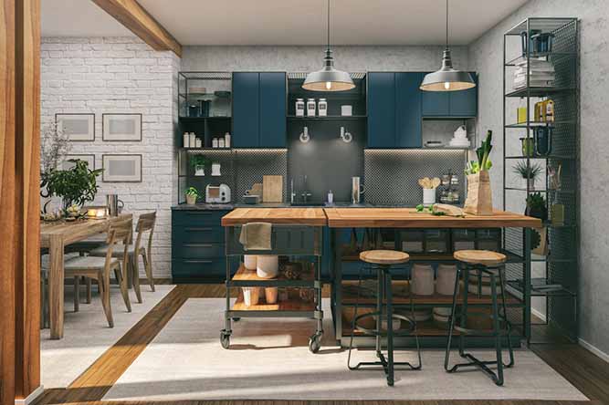 Small, industrial loft kitchen