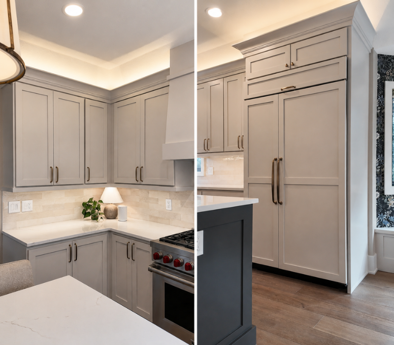 Transitional kitchen with soft greige Shaker cabinet doors, custom pantry cabinetry, quartz countertops, and warm wood flooring.