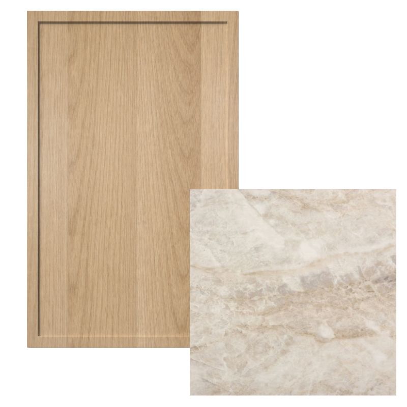 A Soho slim shaker cabinet door in natural white oak paired with a soft stone countertop, creating a warm and modern organic kitchen aesthetic.