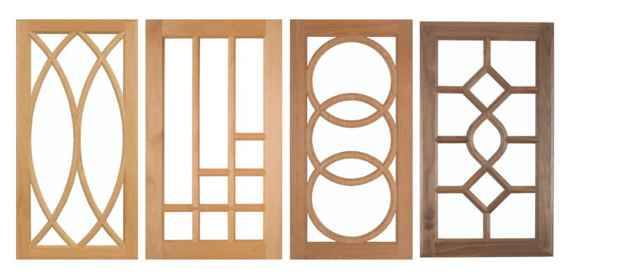 Specialty lite cabinet door style featuring decorative glass openings, custom muntin patterns, and unique grille designs. A popular cabinet door style for custom, luxury, and designer kitchen cabinetry.