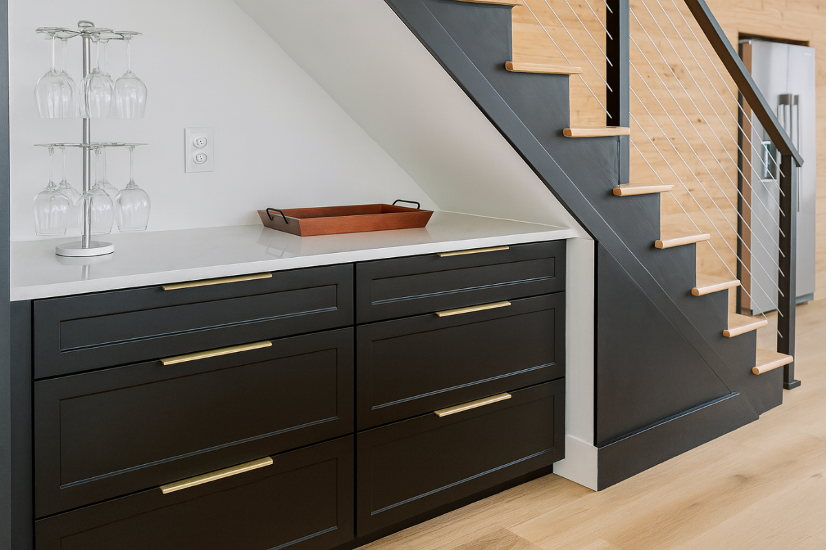 Black Shaker Cabinet Doors for Under-the-Stairs Built-Ins Modern under-the-stairs built-in storage with black shaker cabinet doors, brass hardware, and white countertops.