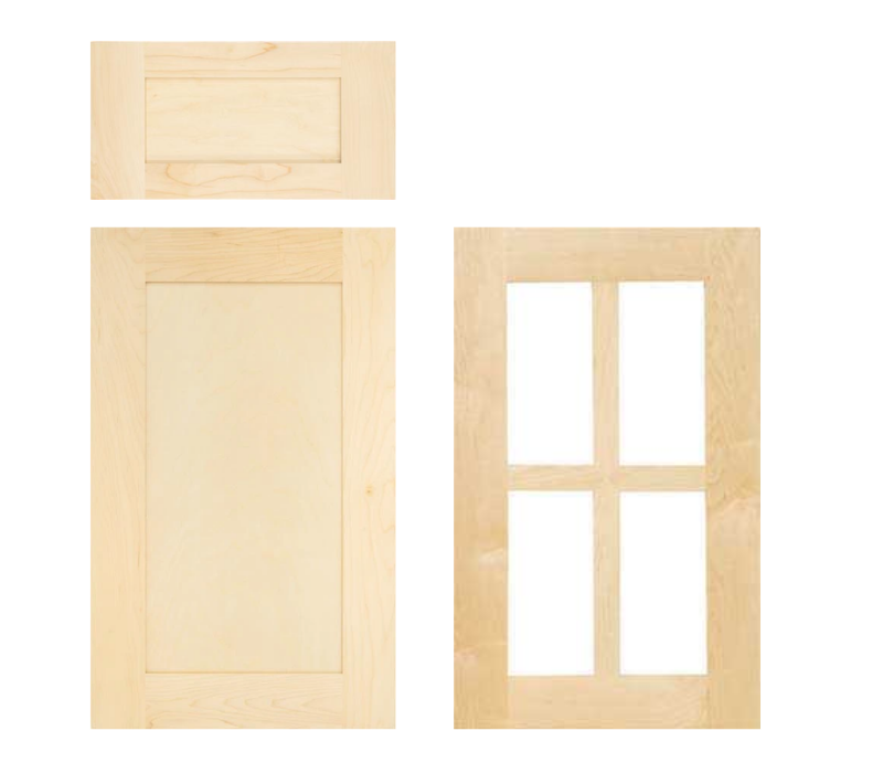 Unfinished paint-grade Shaker cabinet doors, drawer fronts, and glass cabinet door frames used for a custom cabinet door replacement kitchen remodel.