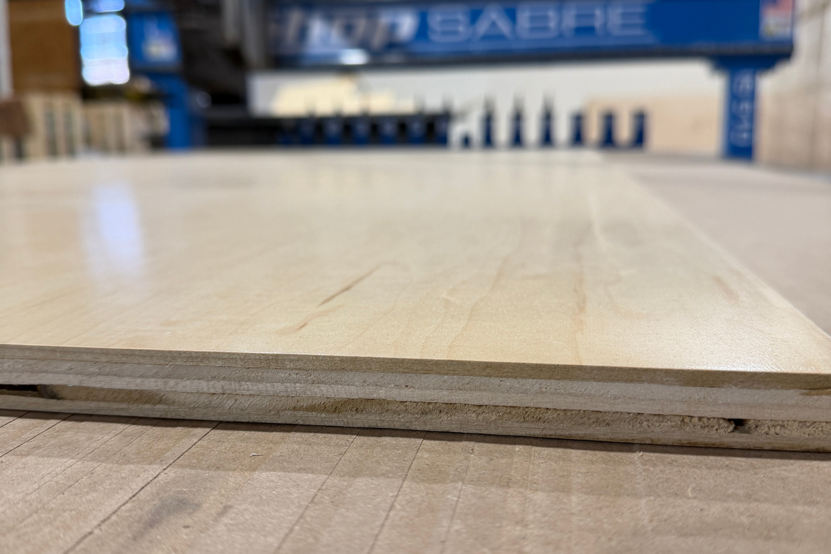 Close-up of UV finished maple plywood edge used for cabinet boxes