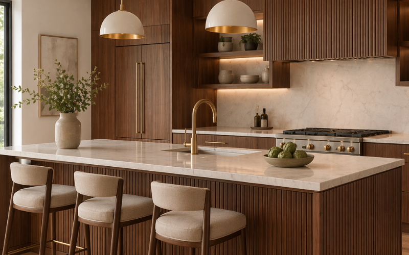 walnut fluted cabinet doors in modern kitchen design