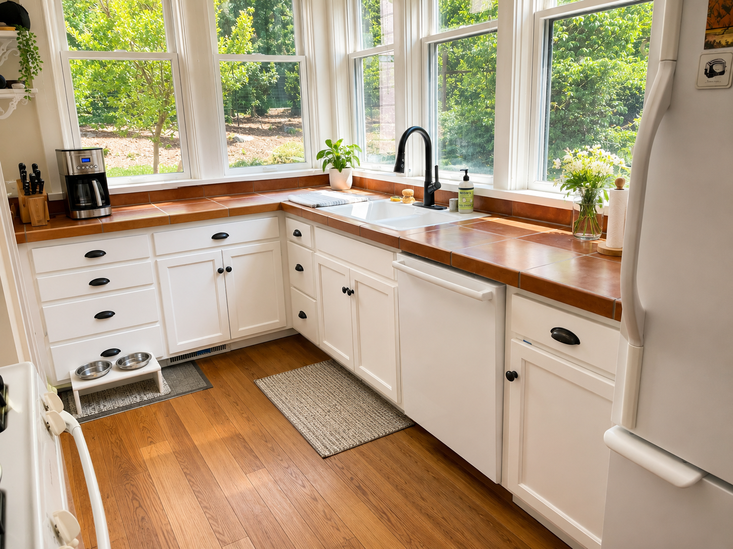 Cottage Cabinet Doors in Chris's Sun-Filled Kitchen Chris's sun-filled cottage kitchen featuring white shaker cabinet doors, warm wood floors, and large windows overlooking the garden.