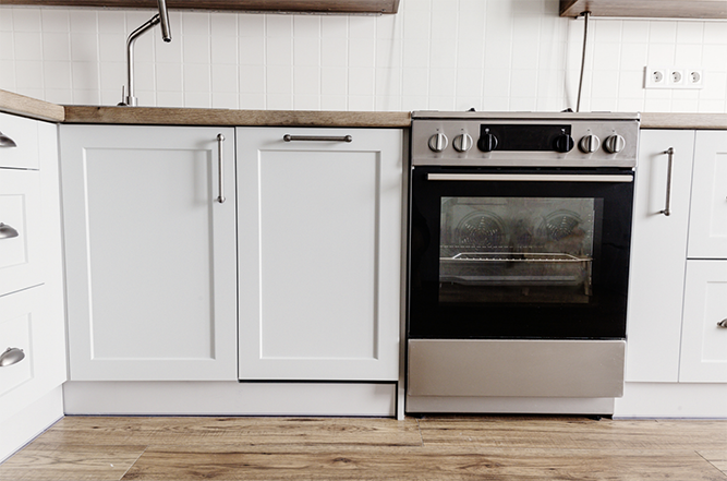 White shaker cabinets.