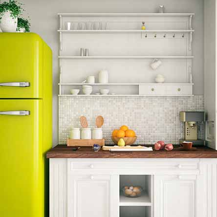 A small kitchen with open shelves.