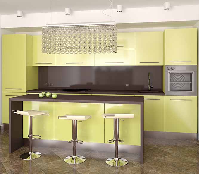 A modern kitchen with full overlay thermofoil cabinets.